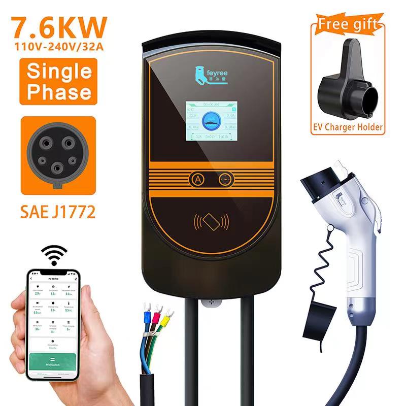 feyree EVSE Wallbox J1772 Adapter Type1 Cable 32A 7.6KW EV Charger Type2 Wallmount Charging Station APP Control for Electric Car