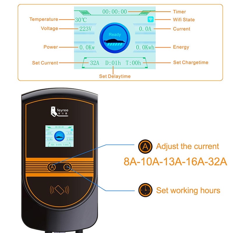 feyree EV Charger GB/T Cord EVSE Wallbox Electric Vehicle 7KW 11KW  22KW APP Control with Socket 16A 32A  Car Charging 5m Cable