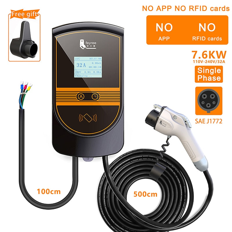 feyree EVSE Wallbox J1772 Adapter Type1 Cable 32A 7.6KW EV Charger Type2 Wallmount Charging Station APP Control for Electric Car