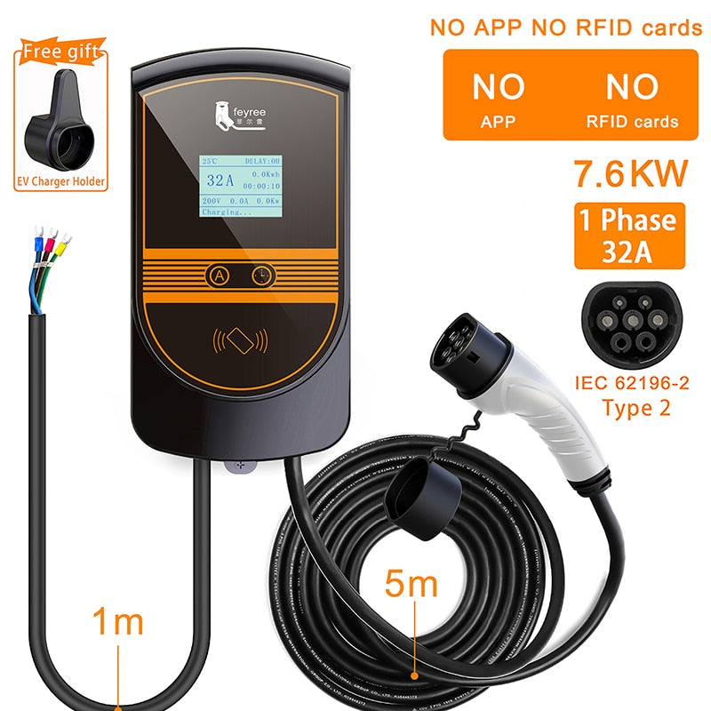 feyree EVSE Wallbox J1772 Adapter Type1 Cable 32A 7.6KW EV Charger Type2 Wallmount Charging Station APP Control for Electric Car