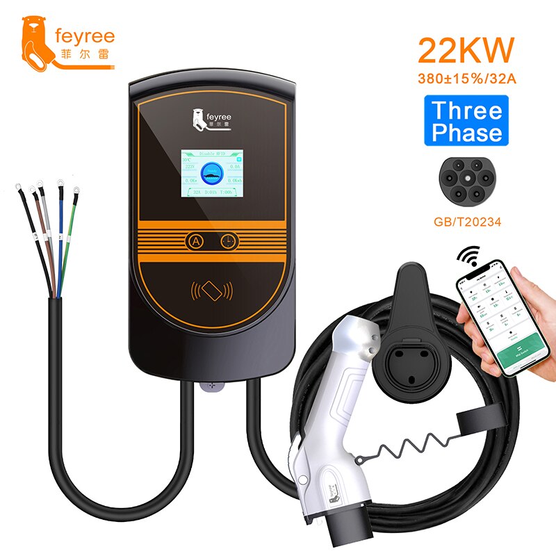 feyree EV Charger GB/T Cord EVSE Wallbox Electric Vehicle 7KW 11KW  22KW APP Control with Socket 16A 32A  Car Charging 5m Cable