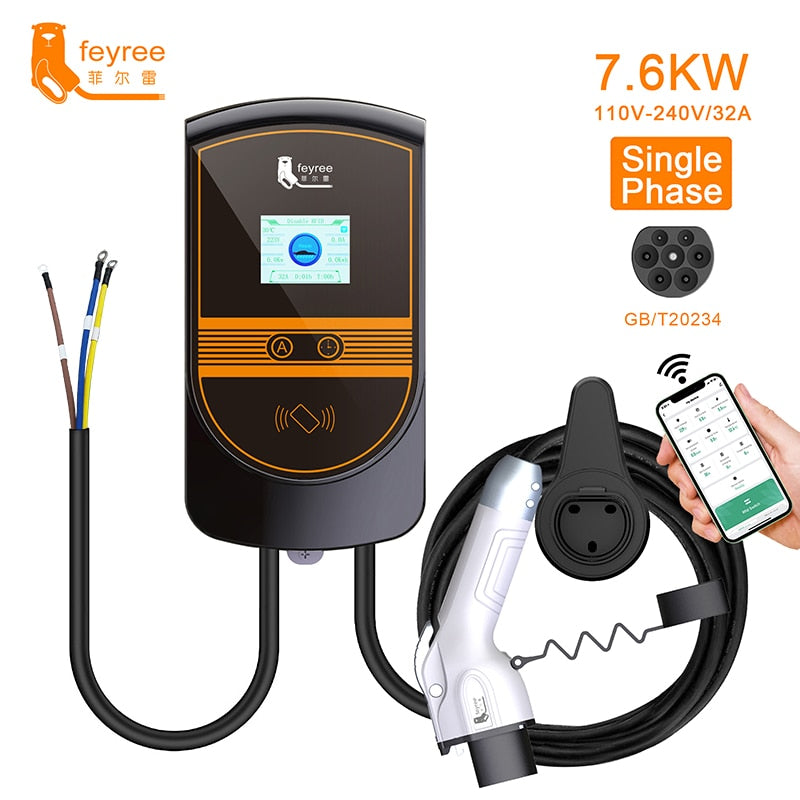 feyree EV Charger GB/T Cord EVSE Wallbox Electric Vehicle 7KW 11KW  22KW APP Control with Socket 16A 32A  Car Charging 5m Cable